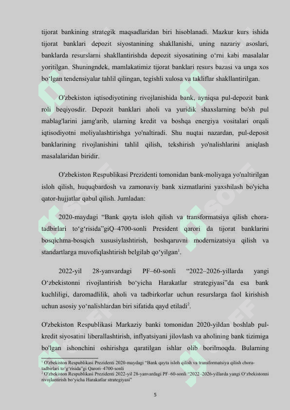 PUL DEPOZIT BANKLARINING  O’ZBEKISTONDAGI HOLATI 5