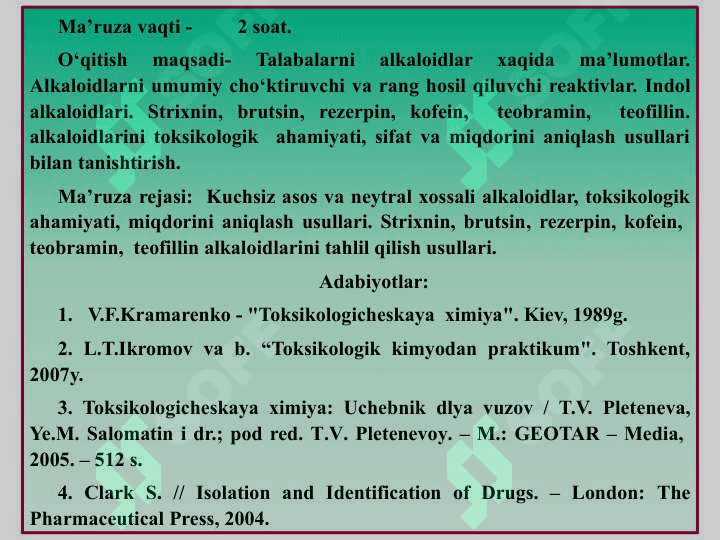 Alkaloidlarni umumiy cho‘ktiruvchi va rang hosil qiluvchi reaktivlar. Ksantin, piridin va piperidin hosilalari alkaloidlarini ajratib olish va tahlil ususllari 2