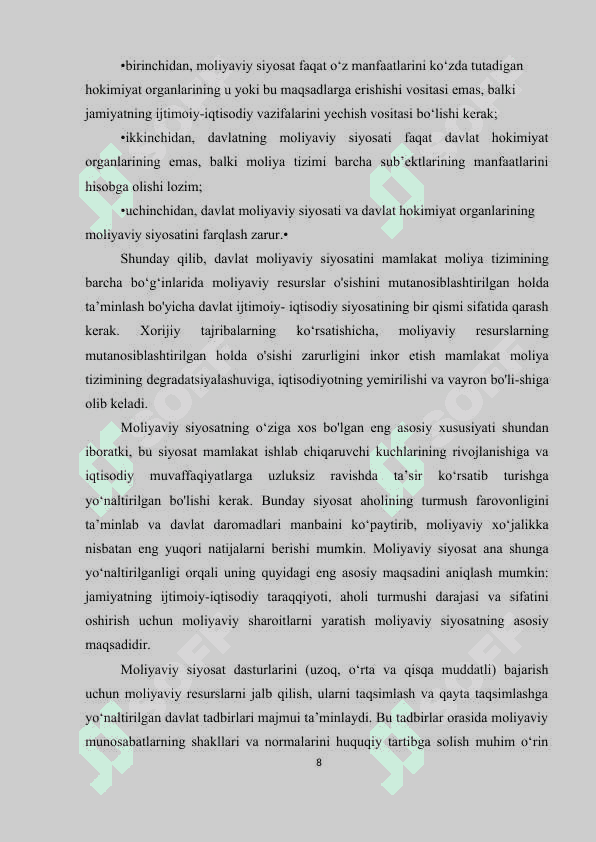 Moliyaviy siyosat,uning iqtisodiyotni modernizatsiyalash sharoitida asosiy yo'nalishlari. 8
