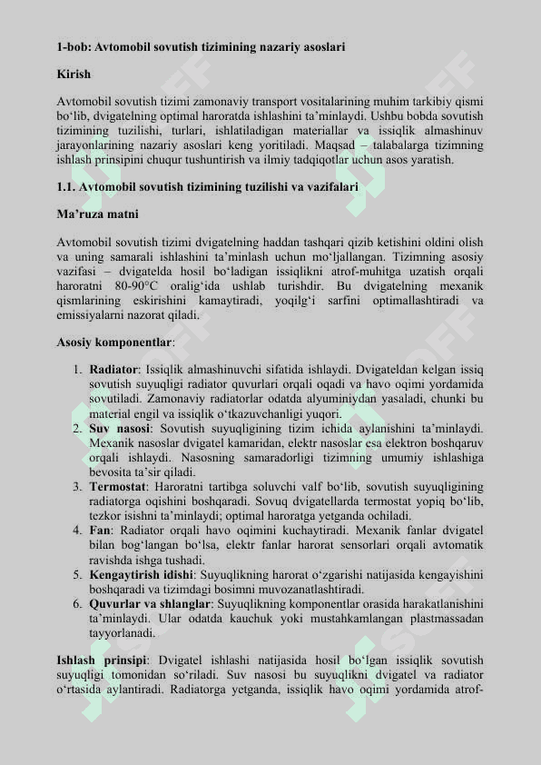 AVTOMOBIL SOVUTISH TIZIMI BO‘YICHA DIPLOM ISHI REJASI 2