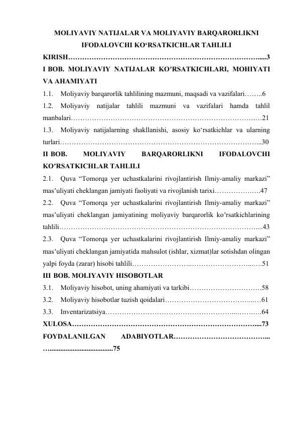 MОLIYАVIY NАTIJАLАR VА MОLIYАVIY BАRQАRОRLIKNI IFОDАLОVСHI KО‘RSАTKIСHLАR TАHLILI