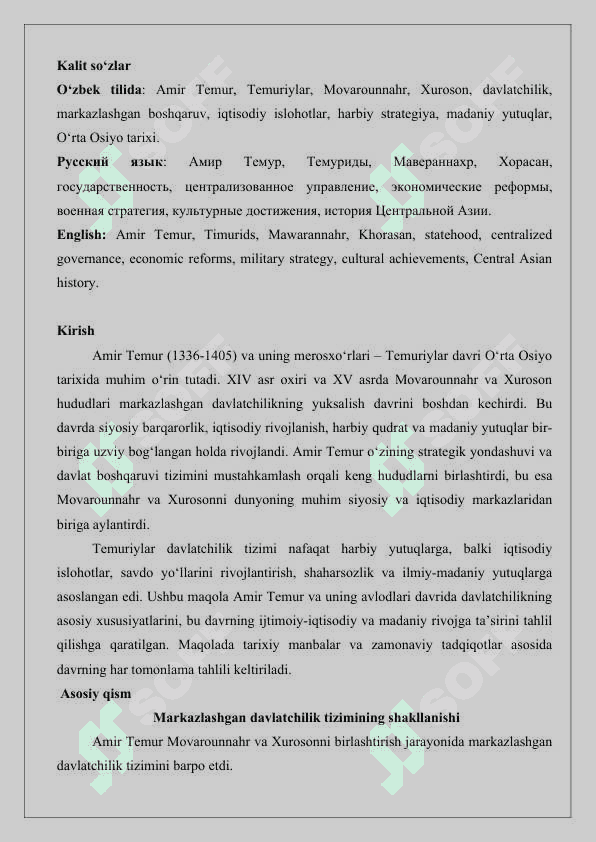 Amir Temur Temuriylar davrida Movarounnahr va Xuroson davlatchilik rivoji maqola 2025 2