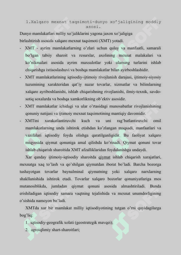 XALQARO MEHNAT  TAQSIMOTINING JAHON XO’JALIGIDA  TUTGAN O’RNI 2
