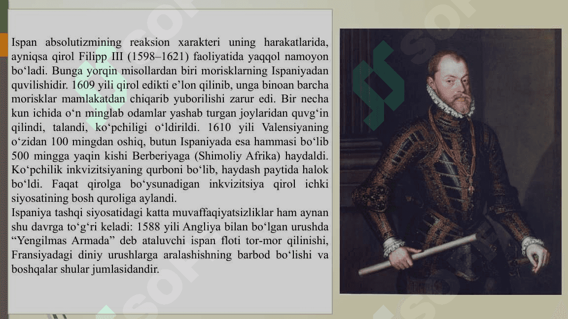 XVI-XVII asrning birinchi yarmida Ispaniya”  mavzusida taqdimot tayyorlash. 4