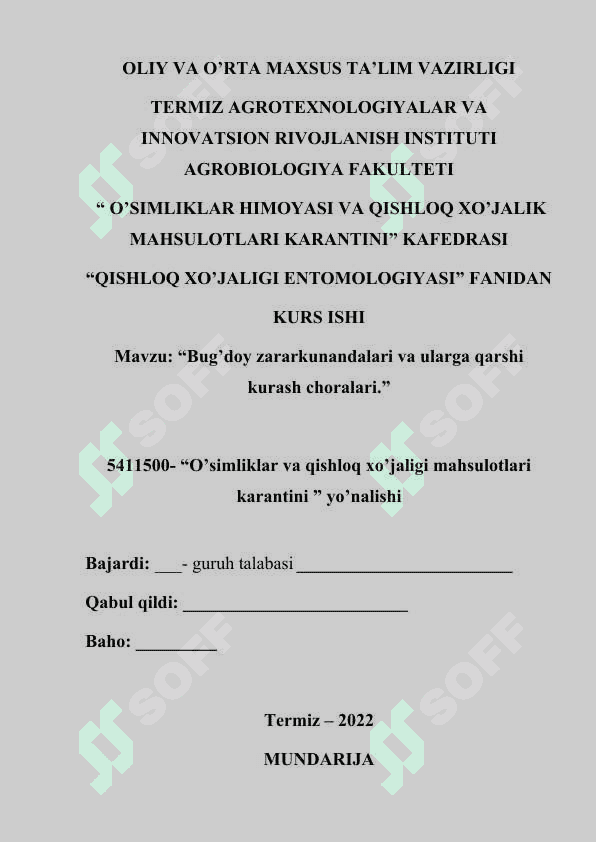 Bug’doy zararkunandalari va ularga qarshi kurash choralari KURS ISHI 2