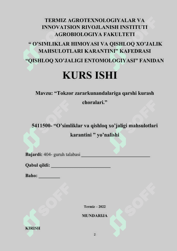 Tokzor zararkunandalariga qarshi kurash choralari kurs ishi 2