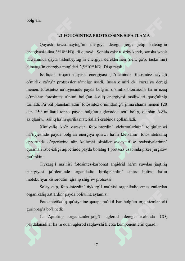 Fotosintez tabiyatta tutqan orni 7