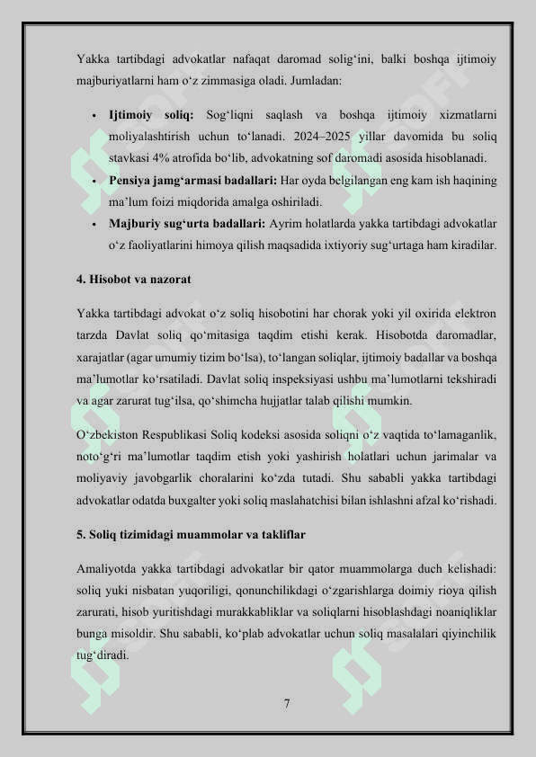 Advokatlar hay`atlariga, advokatlik firmalariga, advokatlik byurolariga va advokatlarga soliq solishning o'ziga xos xususiyatlari 7
