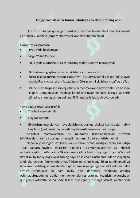 Ekoturizmning xorijiy mamlakatlarda rivojlanishi. 2