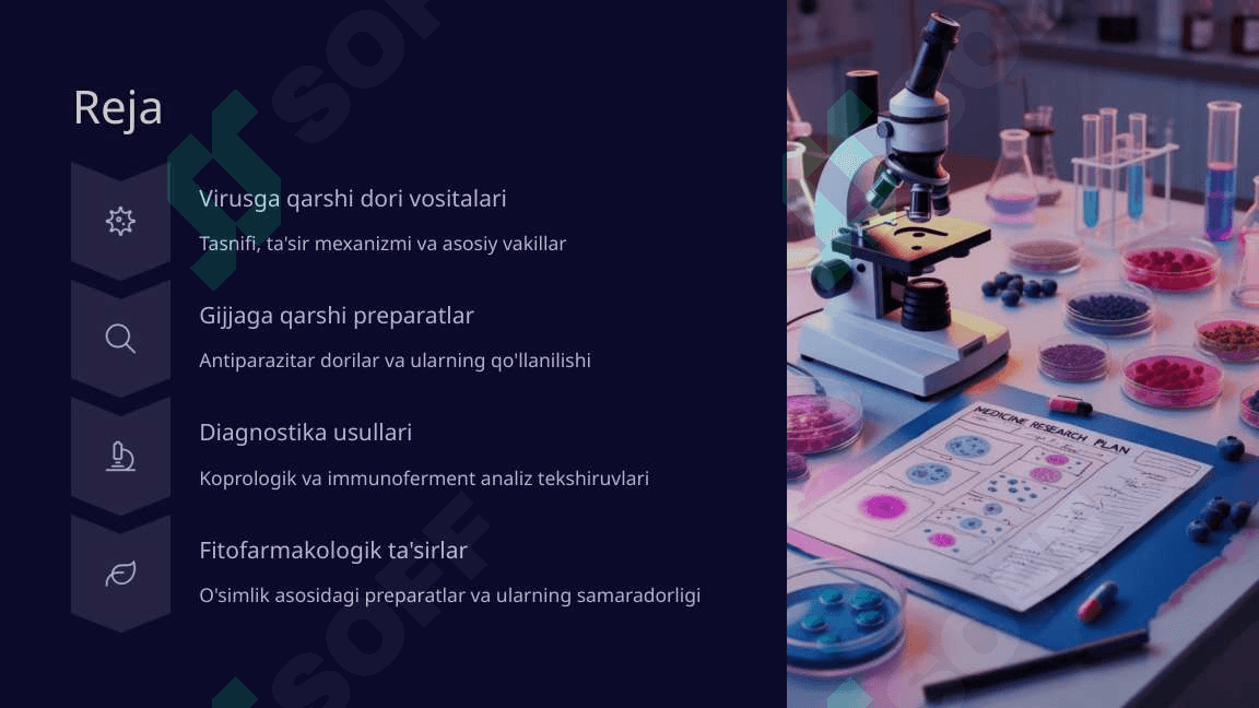 Virusga qarshi, gijja va moxovga qarshi dori voitalar farmakologiyasi. O'smaga qarshi dori vositalar.Gijja invaziyalarini laborator koprologik va immunoferment analiz tekshiruv uslublari, Gijjaga qarshi vositalarni farmakologik va fitofarmakologik ta'sirini o'rganish 2