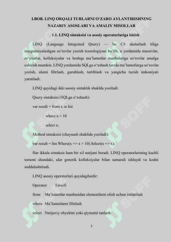 LINQ SO'ROVLARIDAN FOYDALANGAN HOLDA TURLI TURLAR VA STRUKTURNI BIR-BIRIGA AYLANTIRISH 5