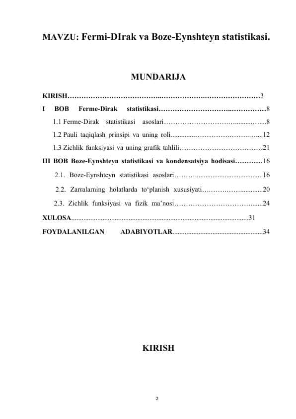 Fermi-DIrak va Boze-Eynshteyn statistikasi
