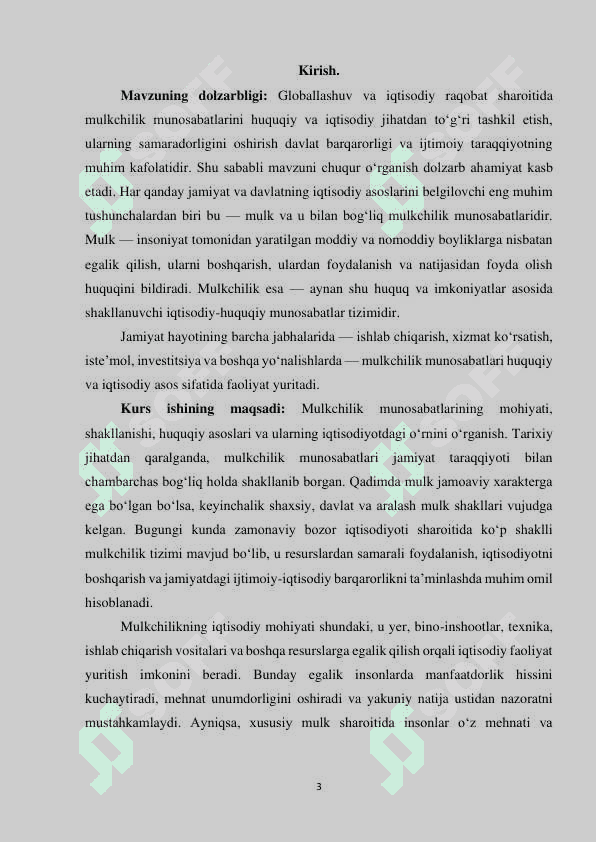 Mulkchilik munosabatlarining mohiyati va ularning huquqiy-iqtisodiy jihatlari. 3