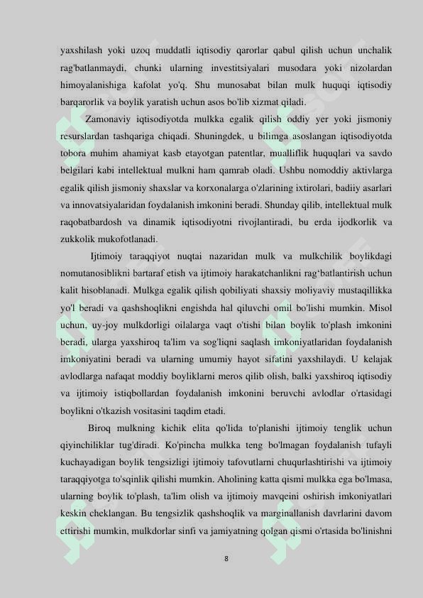 Mulkchilik munosabatlarining mohiyati va ularning huquqiy-iqtisodiy jihatlari. 8