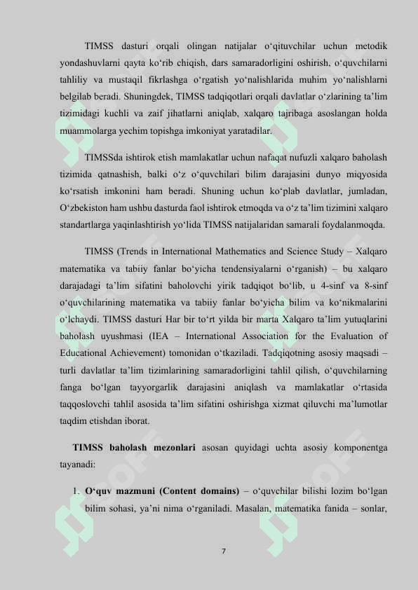 BOSHLANG‘ICH SINFLARDA TIMSS XALQARO BAHOLASH DASTURI ASOSIDA MATEMATIK SAVODXONLIK KO’NIKMALARINI RIVOJLANTIRISH 7