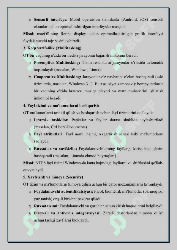 Operatsion tizimlarning xossalari. Operatsion tizimlar yadrosi 7