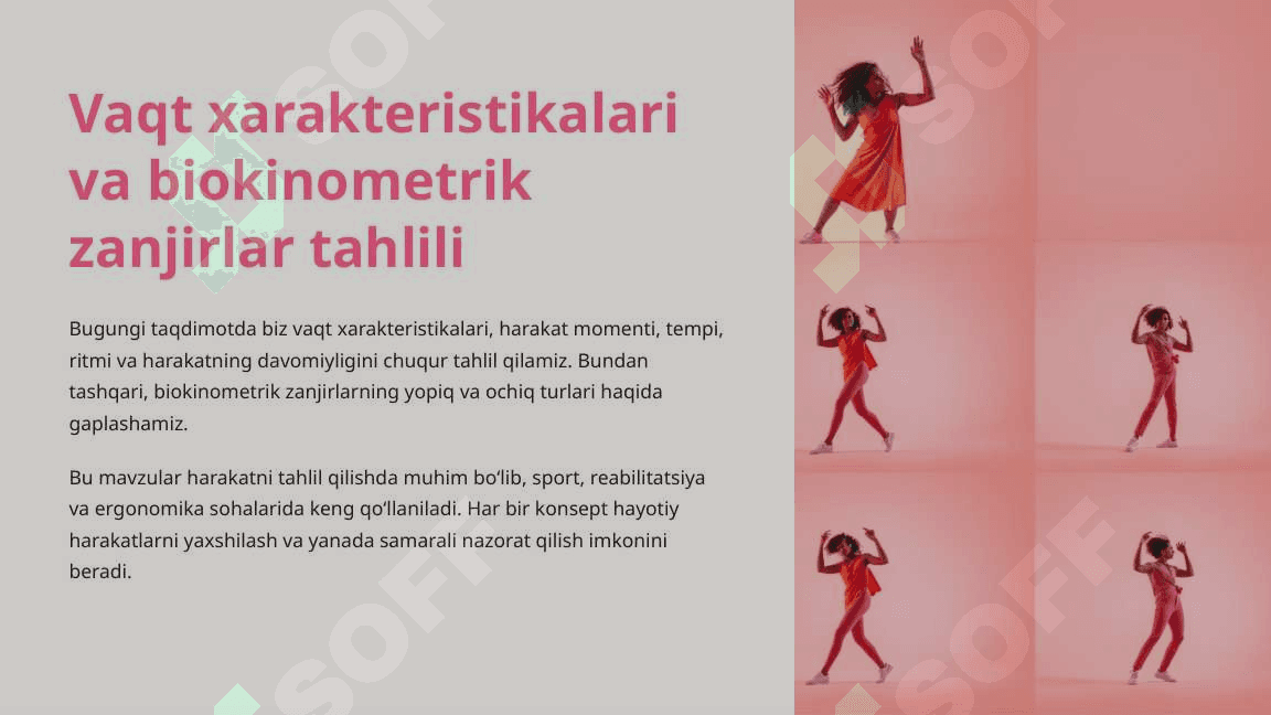 Vaqt xarakteristikalari: vaqt momenti, harakatning davomiyligi, haraaktlar tempi va ritmi. Biokinematik zinjirlar va juftliklar. Yopiq va ochiq zanjirlar. 3