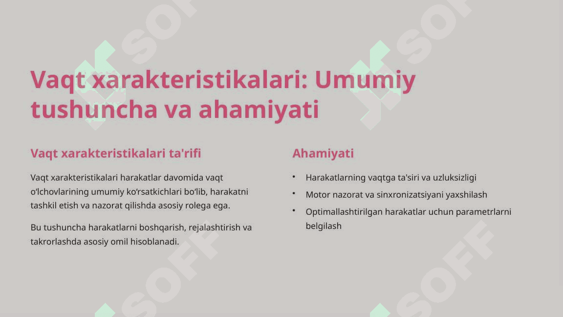 Vaqt xarakteristikalari: vaqt momenti, harakatning davomiyligi, haraaktlar tempi va ritmi. Biokinematik zinjirlar va juftliklar. Yopiq va ochiq zanjirlar. 4