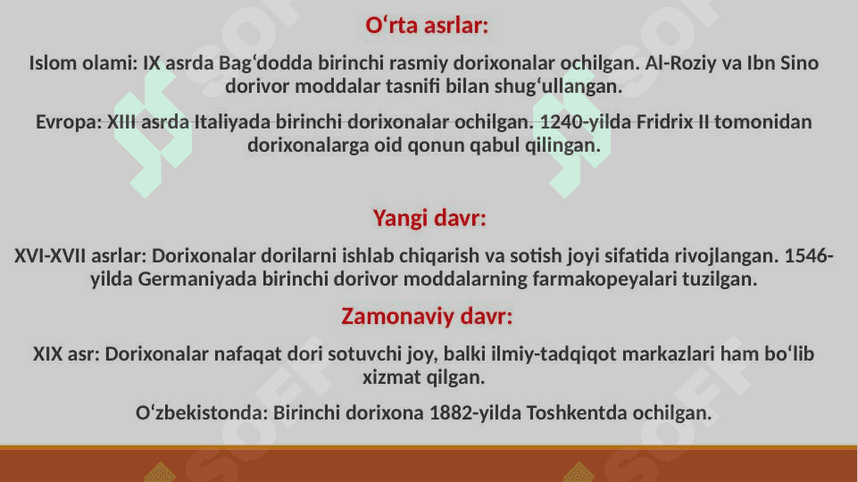 Insoniyat tarixida dorixonalar kasalxonalar va tibbiyot maktablarining ochilishi 5