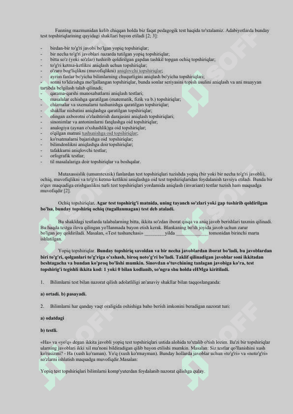 Bilimlarni tekshirishda qo'laniladigan didaktik vositalar. 2