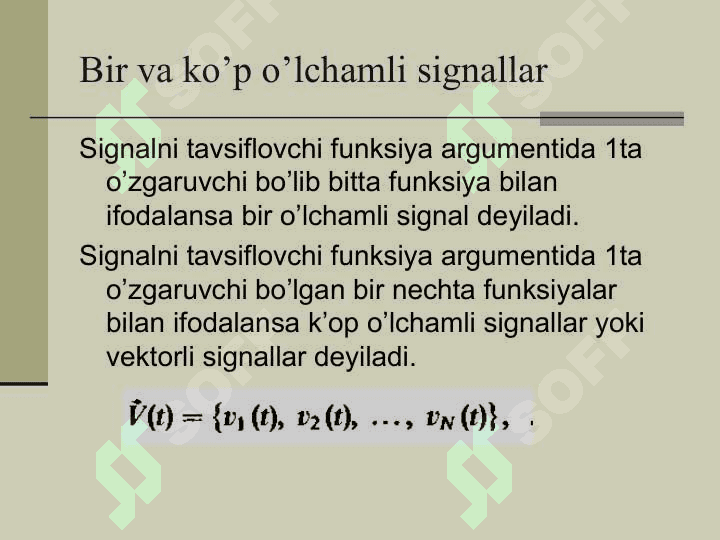 Signallar. Signallar klasifikasiyasi. Signallarni matematik tavsiflash. Signallar spektrlari. Signallarni modulyatsiyalash va demodulyatsiyalash. Signallarni uzatish va qabul qilish tizimlari 7