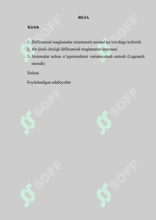 Differensial tenglamalarning normal sistemasi, normal sistema yechimining mavjudligi va yagonaligi 2