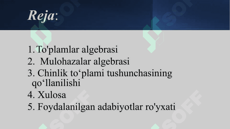 To’plamlar algebrasi bilan mulohazalar algebrasi o’rtasidagi munosabat 2