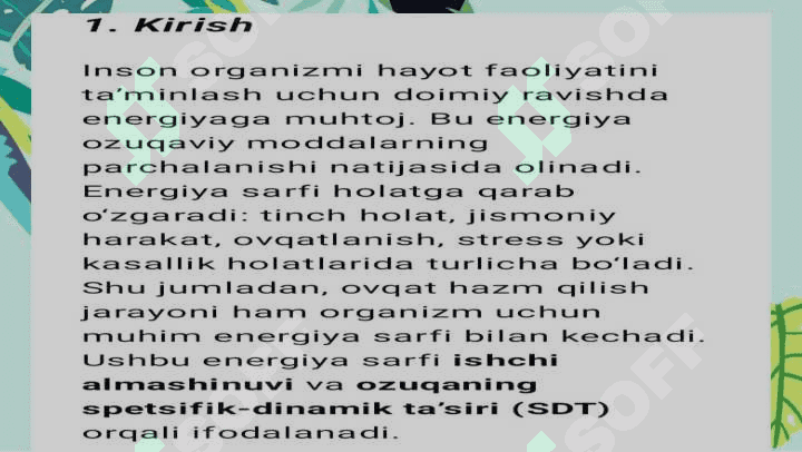 Ishchi almashinuvi Ozuqaning sfetsfik dinamik ta'sirini namoyon boʻlishida ogʻiz boʻshligʻi retseptlarining roli 5