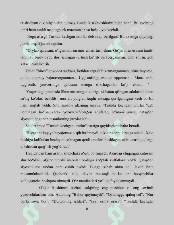 O’TKIR XOSHIMOVNING TUSHDA KECHGAN UMIRLAR ROMANIDA FOJEAVIYLIK 8