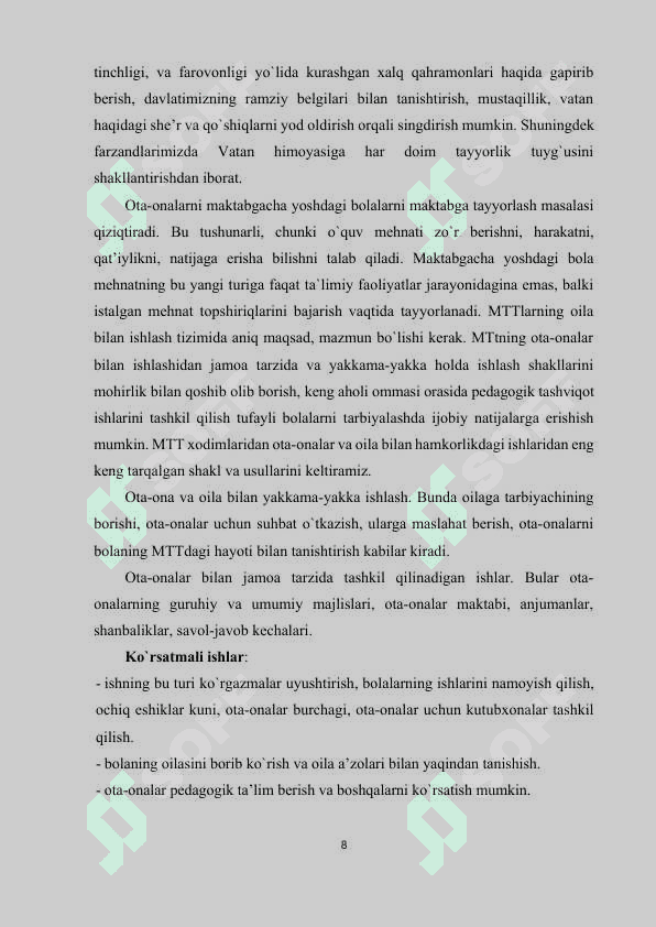 MAKTABGACHA TA’LIM MUASSASASI, OILA VA MAKTAB HAMKORLIGI 8