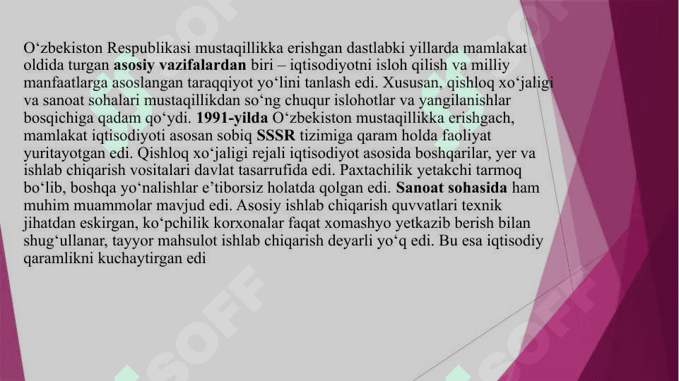 Musaqillik yillarida qishloq xo’jaligi va sanoat sohasidagi o’zgarishlar 3