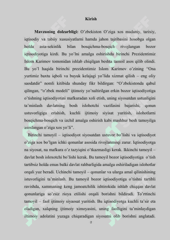 O‘zbekistonda iqtisodiy islohotlar, xususiy mulkchilikning shakllanishi, bozor munosabatlarining rivojlanishi 2