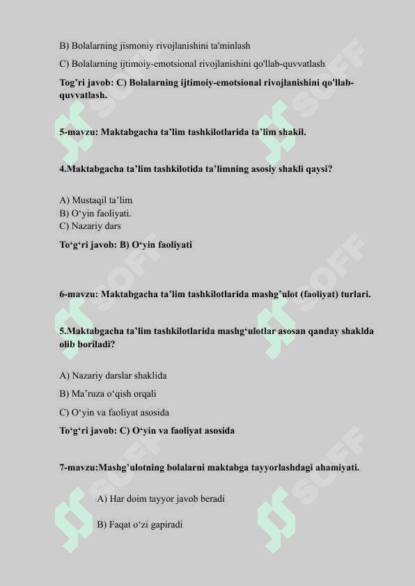 TEST.Maktabgacha ta'lim yo'nalishi uchun 2