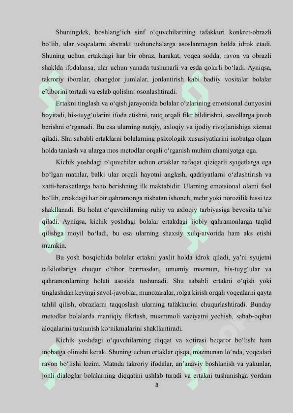 Boshlang`ich sinflarda ertaklarni tahlil qilishga o`rgatish 8
