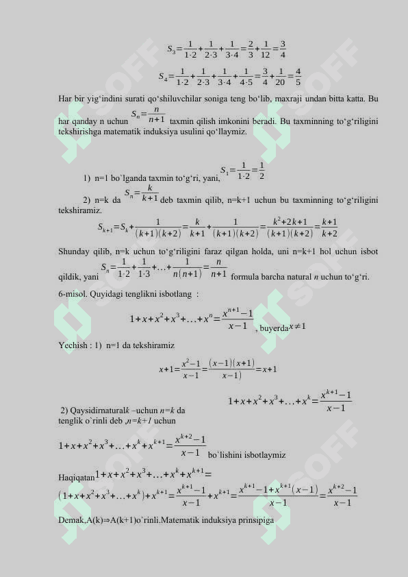 Matematik isbotlash usullari. To’g’ri va noto’g’ri muhokamalar chala va to’liq induksiyaga oid misuollar topish. 6