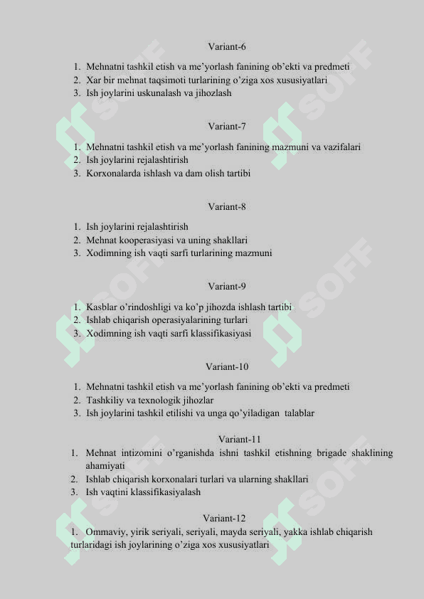 “MEHNATNI TASHKIL ETISH VA ME’YORLASH” fanidan  1-Oraliq nazorat variantlari 2