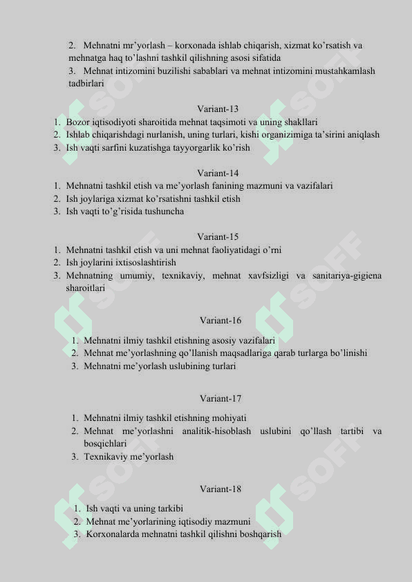 “MEHNATNI TASHKIL ETISH VA ME’YORLASH” fanidan  1-Oraliq nazorat variantlari 3
