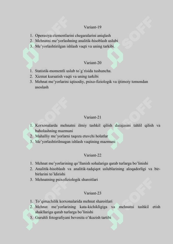 “MEHNATNI TASHKIL ETISH VA ME’YORLASH” fanidan  1-Oraliq nazorat variantlari 4