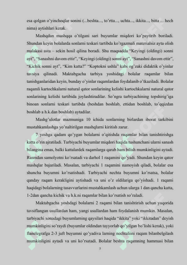 “ Ko’p xonali sonlar ichida masalalar yechish metodlaridan foydalanish” mavzusidagi  KURS ISHI 5