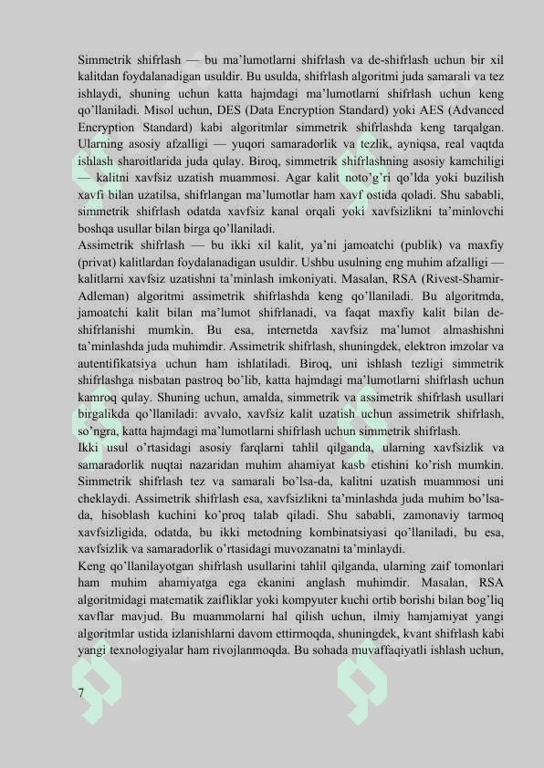 KRIPTOGRAFIYA YORDAMIDA TARMOQ XAVFSIZLIGINI TAHLIL QILISH: SIMMETRIK VA ASSIMETRIK SHIFRLASH 7