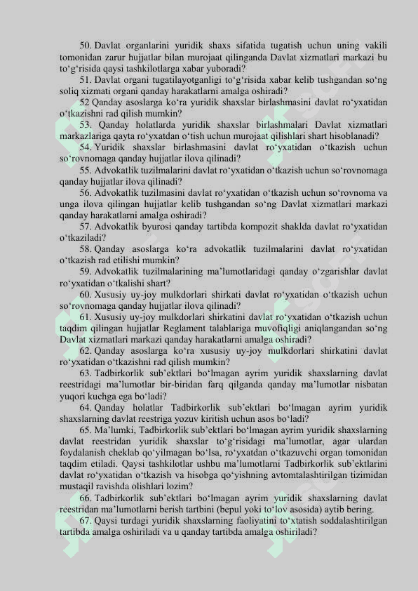 Adliya vazirligi, hududiy adliya boshqarmalari davlat xizmatlar markazlari YXKM, FHDY hamda davlat nataryal idoralari arxivlaridagi boʻsh vakansiyalar uchun oʻtkazilgan ichki va tashqi tanlovning suhbat bosqichi uchun mutaxassislikka oid taxminiy savollar jamlanmasi💣 4