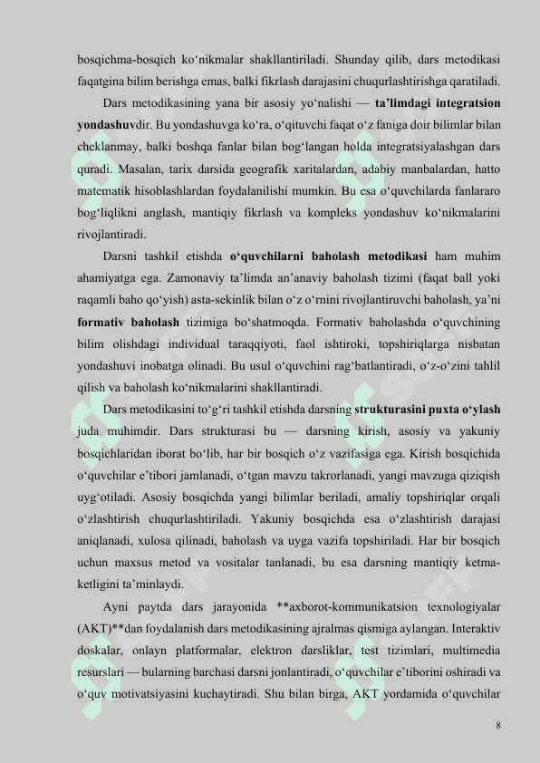 DARS JARAYONINI TASHKIL ETISH METODIKASI 8