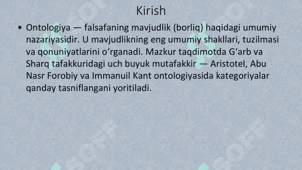 Aristotel, Farobiy va Kant ontologiyasida kategoriyalarning tasnifi 3