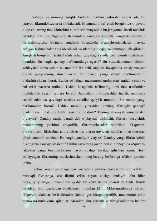 BOSHLANG`ICH SINFLARDA ONA TILI VA O’QISH SAVODXONLIGI DARSLARIDA MUAMMOLI O’QITISH USULLARI 5