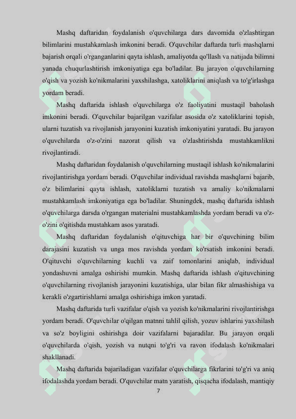 ONA TILI VA O'QISH SAVODXONLIGI DARSLARIDA MASHQ DAFTARIDAN FOYDALANISH metodikasi 7