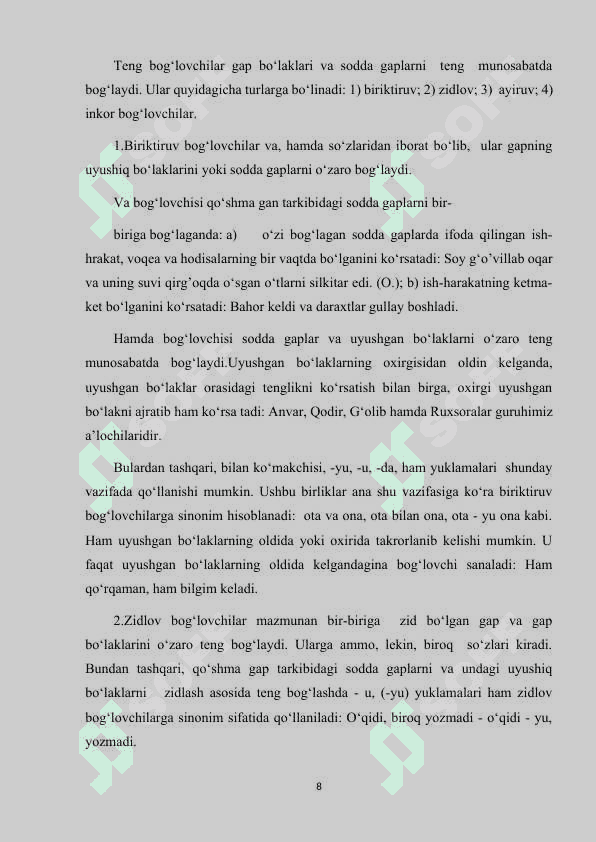 TENG BOG‘LOVCHILARNING MA'NO TURLARI VA ULARNING SINTAKTIK VAZIFALARI. 8