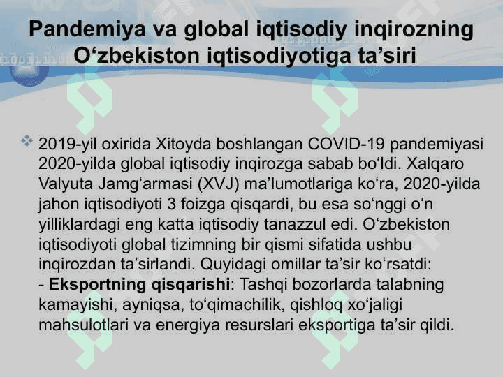 Pandemiya va jahon iqtisodiy inqirozi sharoitida O‘zbekiston Respublikasining iqtisodiy xavfsizlik tizimini ta’minlash 5