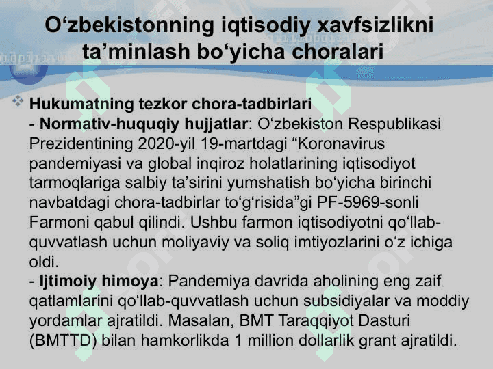 Pandemiya va jahon iqtisodiy inqirozi sharoitida O‘zbekiston Respublikasining iqtisodiy xavfsizlik tizimini ta’minlash 8