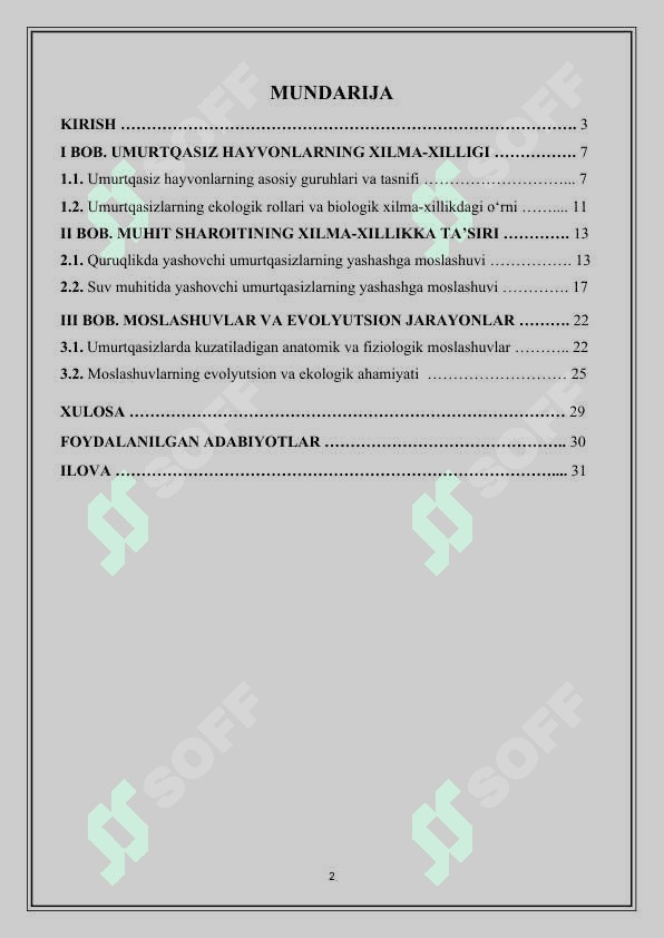 Umurtqasiz hayvonlarning xilma-xilligi turli muhit sharoitida yashashga moslashuvi natijasi - 2 2