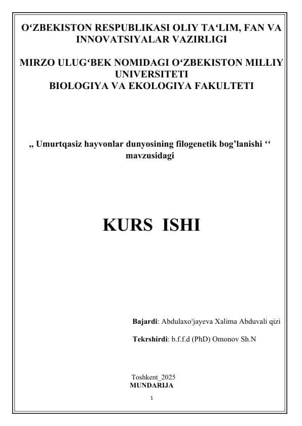Umurtqasiz hayvonlar dunyosining filogenetik bog’lanishi - Умуртқасиз ҳайвонлар дунёсининг филогенетик боғланиши